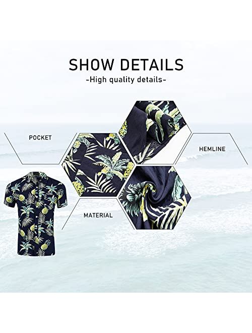 DUOFIER Men's Hawaiian Shirt Short Sleeves Printed Button Down Summer Beach Dress Shirts