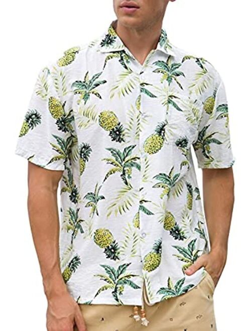 DUOFIER Men's Hawaiian Shirt Short Sleeves Printed Button Down Summer Beach Dress Shirts