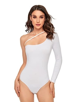 Women's One Shoulder Long Sleeve Solid Bodycon Leotard Bodysuit