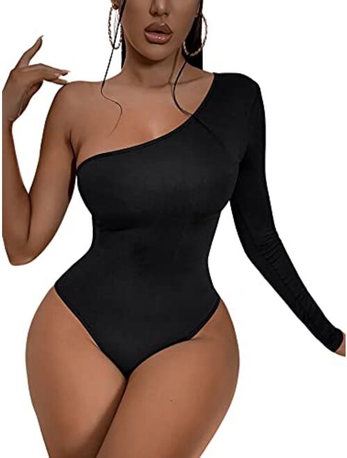 Verdusa Women's One Shoulder Long Sleeve Solid Bodycon Leotard Bodysuit