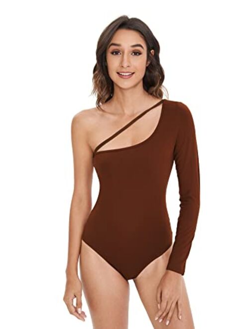 Verdusa Women's One Shoulder Long Sleeve Solid Bodycon Leotard Bodysuit