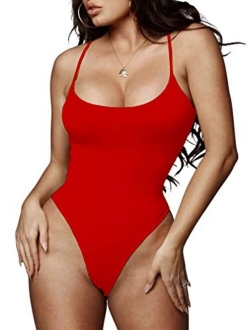 LINMON Women's Spaghetti Strap Bodysuit Tops Scoop Neck Sleeveless One Piece Camisoles Jumpsuit Leotard