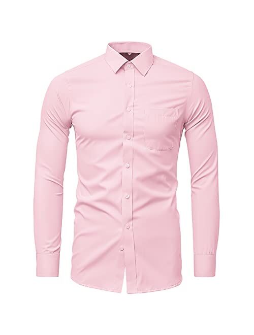 CALCHELE Men's Long Sleeve Dress Shirt Fit Casual Business Formal Solid Slim Button Up Shirts with Pocket