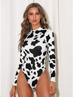 Women's Cow Print Mock-Neck High Leg Casual Bodysuit Jumpsuit Tops