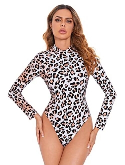 Women's Cow Print Mock-Neck High Leg Casual Bodysuit Jumpsuit Tops