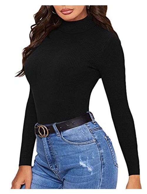 MANGOPOP Women's Mock Turtle Neck Long Sleeve Ribbed Slim Fit Bodysuit Jumpsuit Shirts