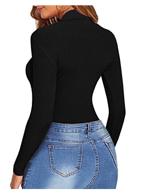 MANGOPOP Women's Mock Turtle Neck Long Sleeve Ribbed Slim Fit Bodysuit Jumpsuit Shirts