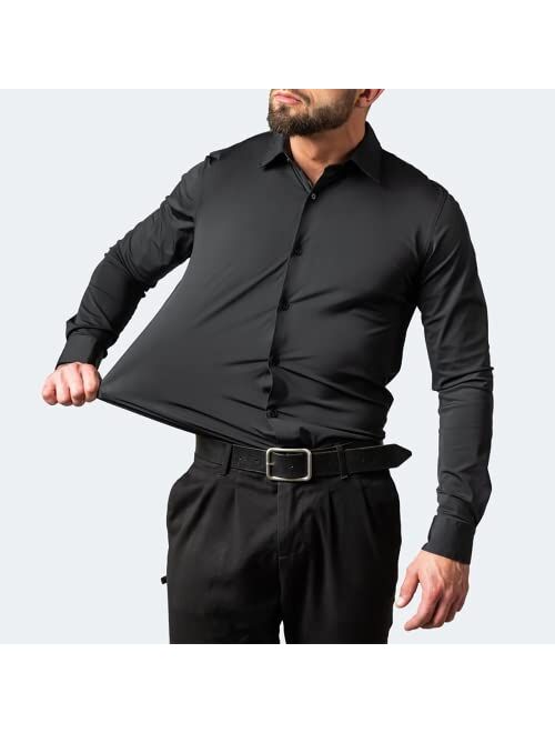 Esissenils Stretch Anti-Wrinkle Shirt Men's Long Sleeve Stretch Button Up Shirt Slim Fit Casual Business Formal Dress Shirt (Large, Black)