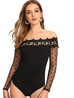 Women's Elegant Off Shoulder Lace Polka Dots Short Sleeve Bodysuit