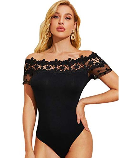 Romwe Women's Elegant Off Shoulder Lace Polka Dots Short Sleeve Bodysuit