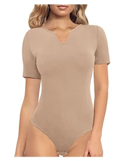 TARAINYA Women's Short Sleeve Ribbed Notched V Neck Bodysuit Tops 2022 New