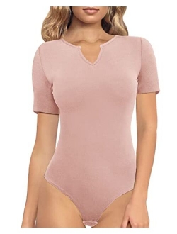 TARAINYA Women's Short Sleeve Ribbed Notched V Neck Bodysuit Tops 2022 New