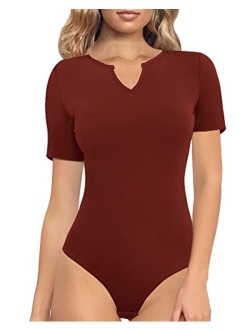 TARAINYA Women's Short Sleeve Ribbed Notched V Neck Bodysuit Tops 2022 New