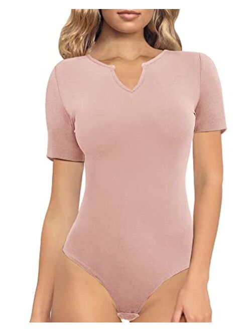 TARAINYA Women's Short Sleeve Ribbed Notched V Neck Bodysuit Tops 2022 New