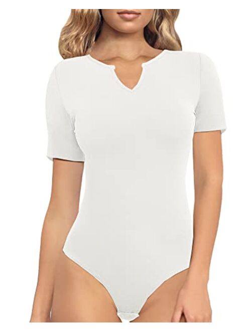 TARAINYA Women's Short Sleeve Ribbed Notched V Neck Bodysuit Tops 2022 New