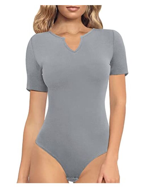 TARAINYA Women's Short Sleeve Ribbed Notched V Neck Bodysuit Tops 2022 New