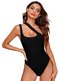 Women's Sexy One Shoulder Sleeveless Cut Out Solid Skinny Bodysuit