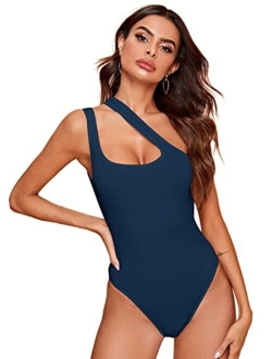 Women's Sexy One Shoulder Sleeveless Cut Out Solid Skinny Bodysuit