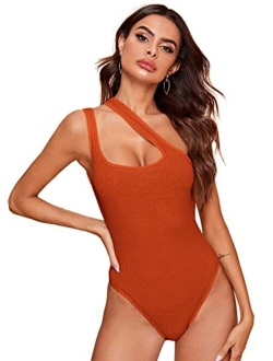 Women's Sexy One Shoulder Sleeveless Cut Out Solid Skinny Bodysuit