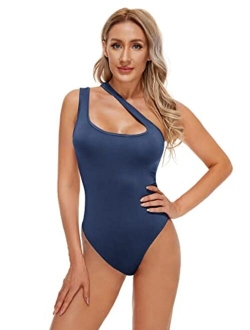 Women's Sexy One Shoulder Sleeveless Cut Out Solid Skinny Bodysuit