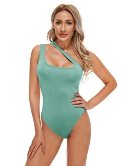 Women's Sexy One Shoulder Sleeveless Cut Out Solid Skinny Bodysuit