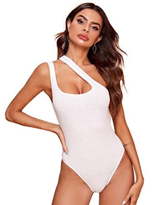 Verdusa Women's Sexy One Shoulder Sleeveless Cut Out Solid Skinny Bodysuit