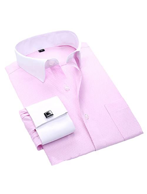 TBVIANE Men's Dress Shirts Loose Tuxedo French Cuffs Regular Fit Striped Business Long Sleeve Cufflinks Social Shirts