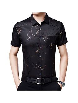 Uioklmjh Men Summer Short Sleeve Dress Shirts Cotton Fashion Casual Print Slim Silk Shirts