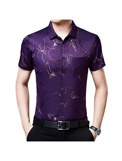 Uioklmjh Men Summer Short Sleeve Dress Shirts Cotton Fashion Casual Print Slim Silk Shirts