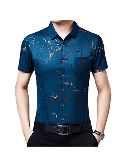 Uioklmjh Men Summer Short Sleeve Dress Shirts Cotton Fashion Casual Print Slim Silk Shirts