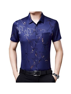 Uioklmjh Men Summer Short Sleeve Dress Shirts Cotton Fashion Casual Print Slim Silk Shirts