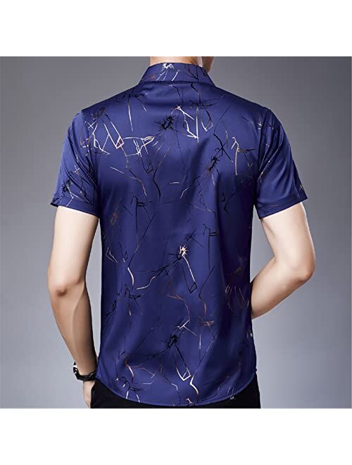 Uioklmjh Men Summer Short Sleeve Dress Shirts Cotton Fashion Casual Print Slim Silk Shirts