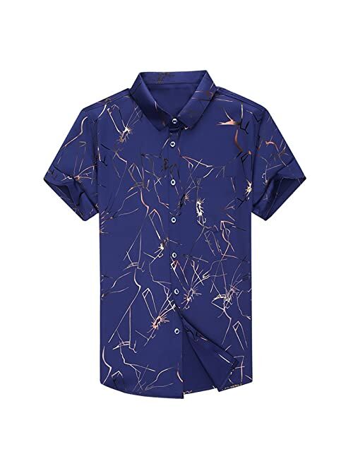 Uioklmjh Men Summer Short Sleeve Dress Shirts Cotton Fashion Casual Print Slim Silk Shirts