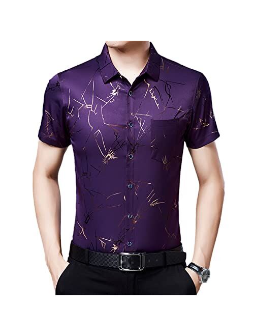 Uioklmjh Men Summer Short Sleeve Dress Shirts Cotton Fashion Casual Print Slim Silk Shirts