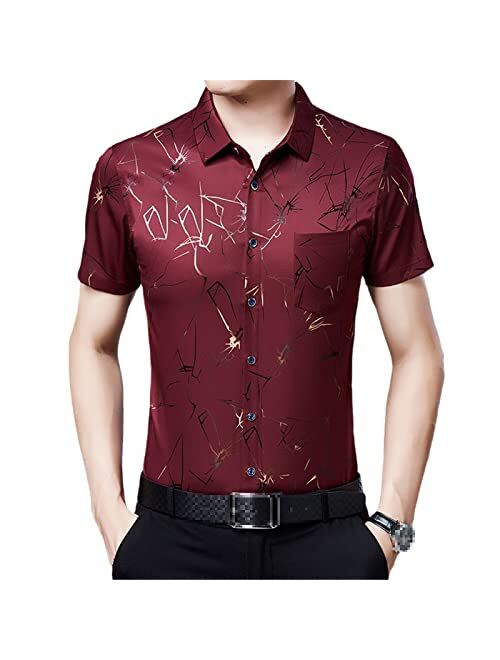 Uioklmjh Men Summer Short Sleeve Dress Shirts Cotton Fashion Casual Print Slim Silk Shirts