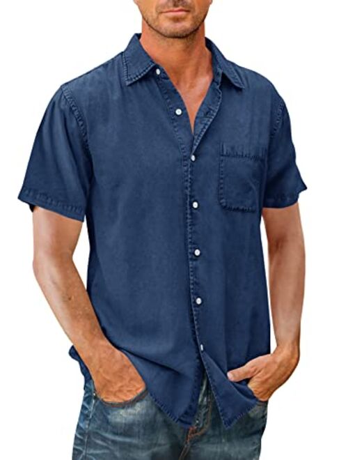 Runcati Mens Denim Long Sleeve Button Down Shirt Casual Durable Loose Fit Jean Shirts with Chest Pocket