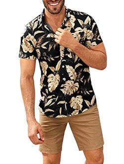 Jeanewpole1 Mens Hawaiian Shirts Banana Leaf Print Short Sleeve Button Down Shirt