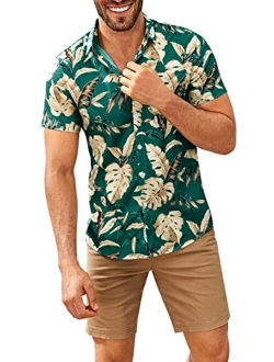 Jeanewpole1 Mens Hawaiian Shirts Banana Leaf Print Short Sleeve Button Down Shirt