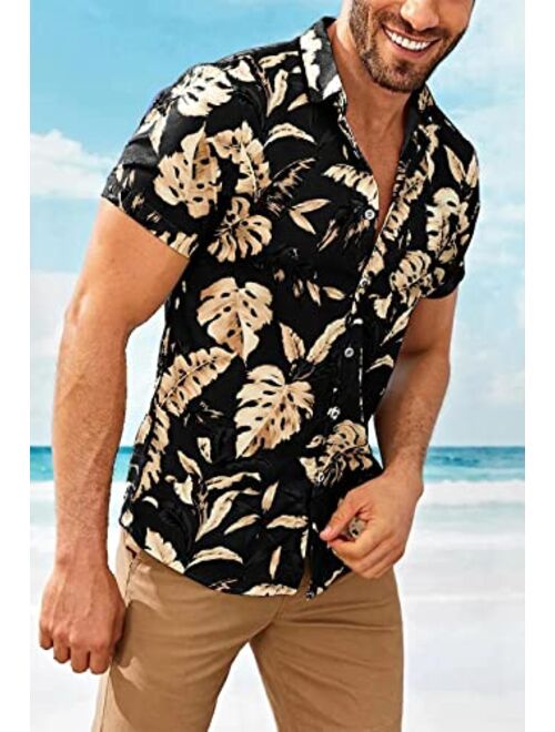 Jeanewpole1 Mens Hawaiian Shirts Banana Leaf Print Short Sleeve Button Down Shirt