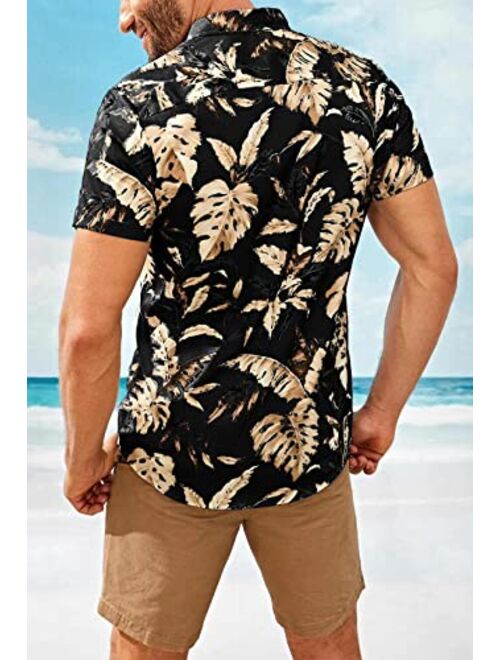 Jeanewpole1 Mens Hawaiian Shirts Banana Leaf Print Short Sleeve Button Down Shirt