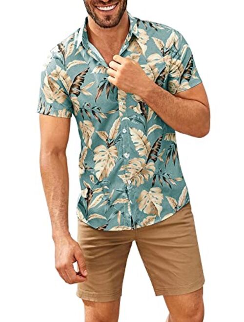 Jeanewpole1 Mens Hawaiian Shirts Banana Leaf Print Short Sleeve Button Down Shirt