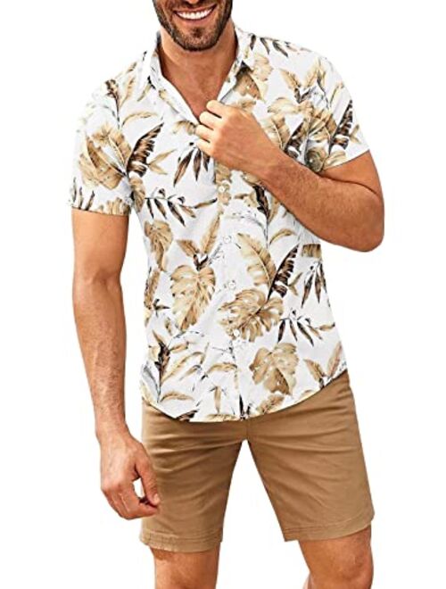 Jeanewpole1 Mens Hawaiian Shirts Banana Leaf Print Short Sleeve Button Down Shirt