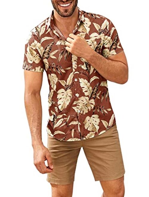 Jeanewpole1 Mens Hawaiian Shirts Banana Leaf Print Short Sleeve Button Down Shirt