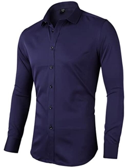 FLY HAWK Mens Dress Shirts, Slim Fit Long Sleeves Elastic Bamboo Fiber Button Down Shirts