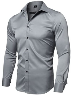 FLY HAWK Mens Dress Shirts, Slim Fit Long Sleeves Elastic Bamboo Fiber Button Down Shirts