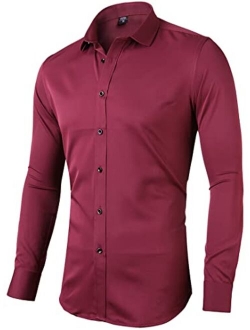 FLY HAWK Mens Dress Shirts, Slim Fit Long Sleeves Elastic Bamboo Fiber Button Down Shirts