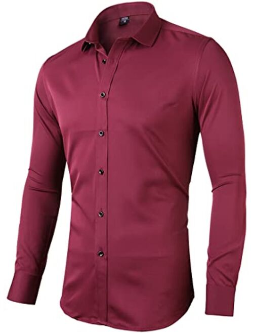 FLY HAWK Mens Dress Shirts, Slim Fit Long Sleeves Elastic Bamboo Fiber Button Down Shirts