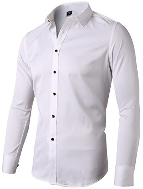 FLY HAWK Mens Dress Shirts, Slim Fit Long Sleeves Elastic Bamboo Fiber Button Down Shirts