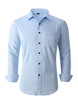 corfty Men Long Sleeve Dress Shirt - Regular Fit Stretch Free-Wrinkle Button Down Shirt