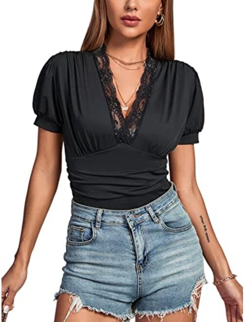 LYANER Women's Lace Trim V Neck Puff Short Sleeve Leotard Bodysuit Top